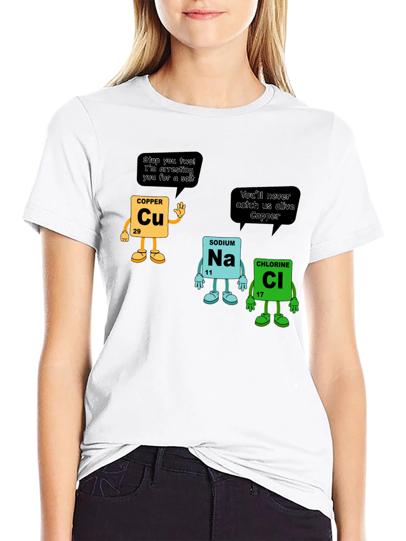 Chemistry Pun T-Shirt: Copper Arresting Sodium Chloride