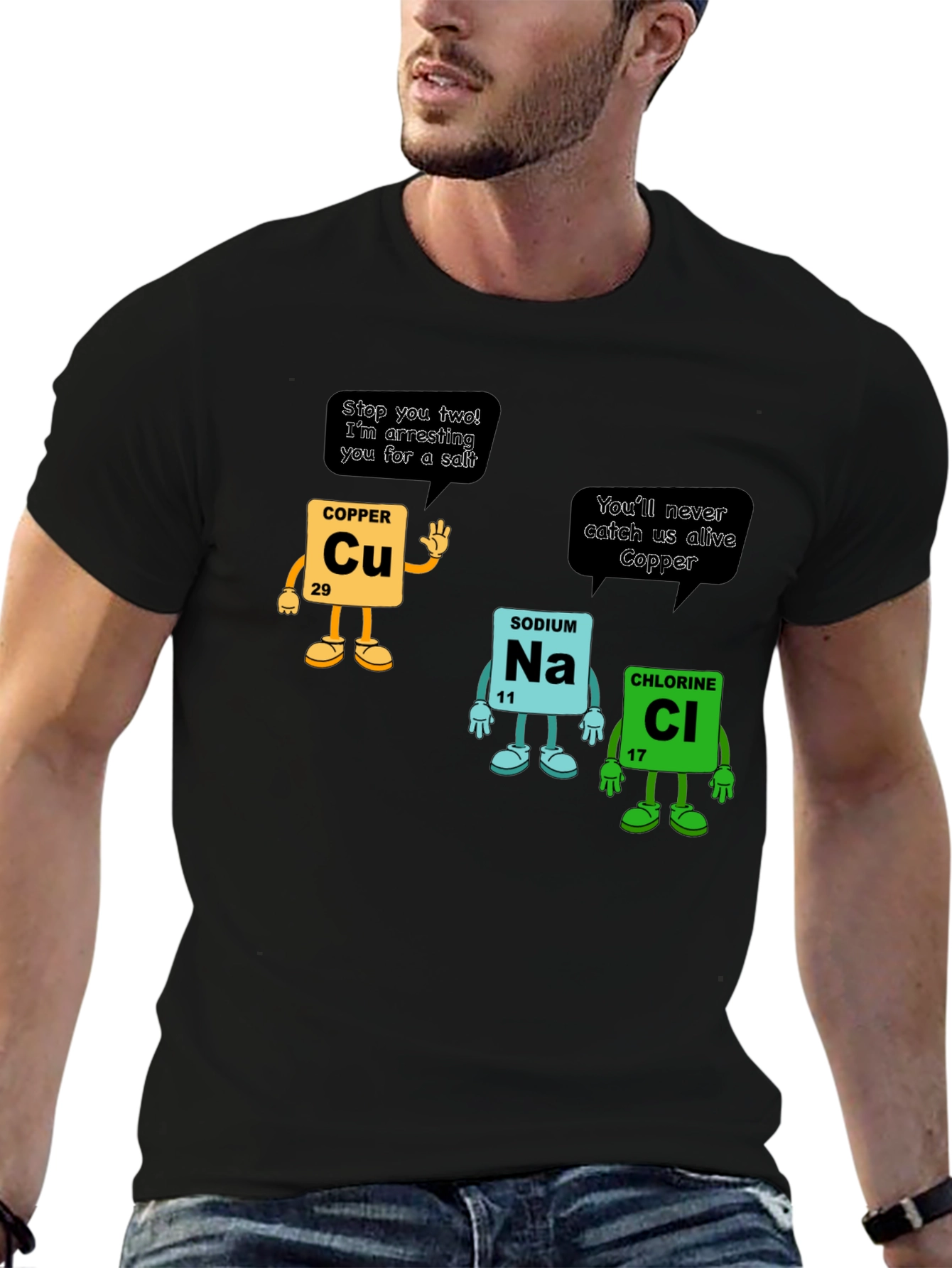 Chemistry Pun T-Shirt: Copper Arresting Sodium Chloride