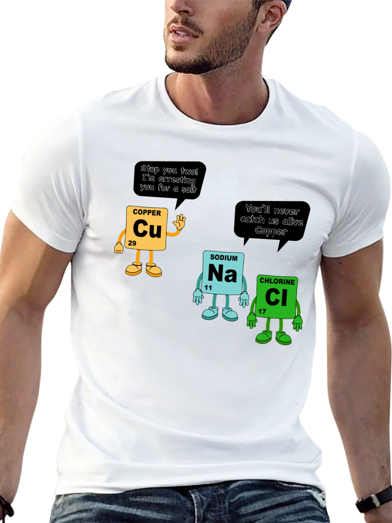 Chemistry Pun T-Shirt: Copper Arresting Sodium Chloride