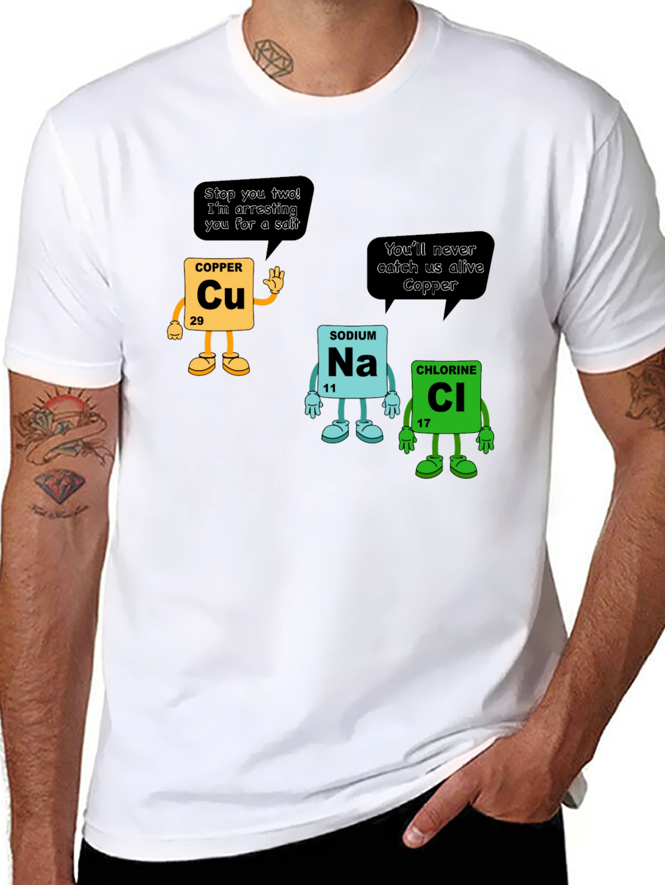 Chemistry Pun T-Shirt: Copper Arresting Sodium Chloride