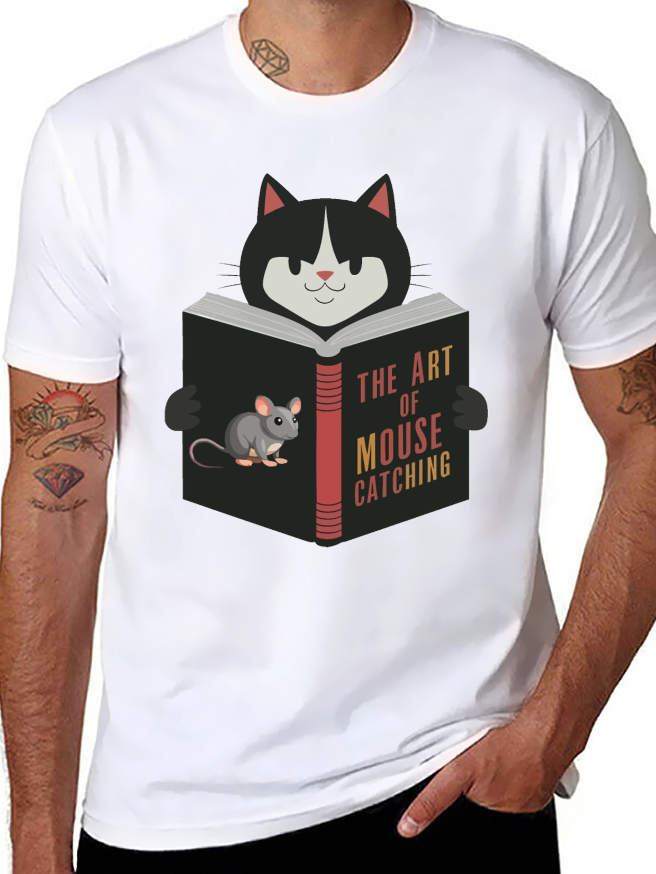 Cat Reading Mouse Catching Book T-Shirt