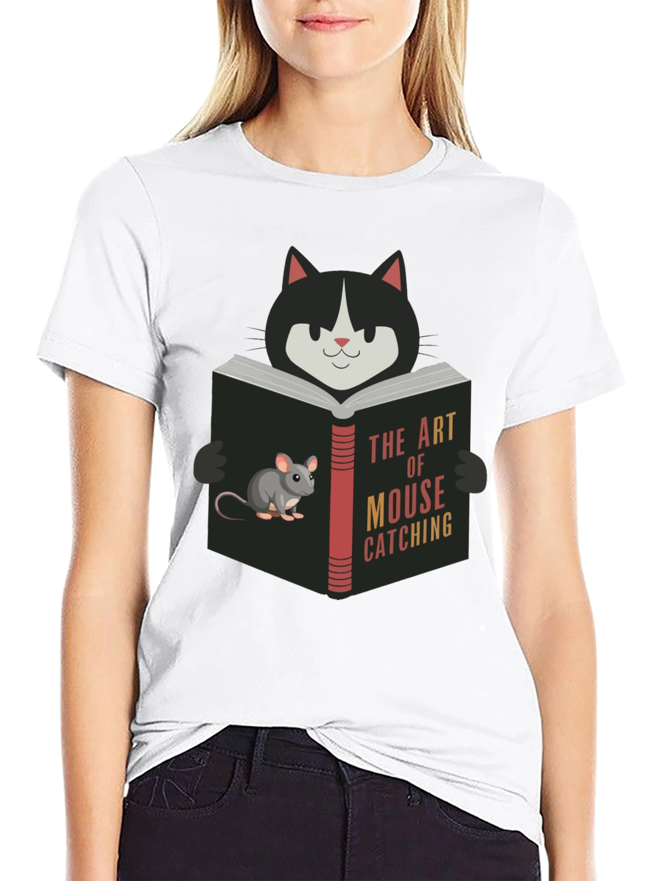 Cat Reading Mouse Catching Book T-Shirt