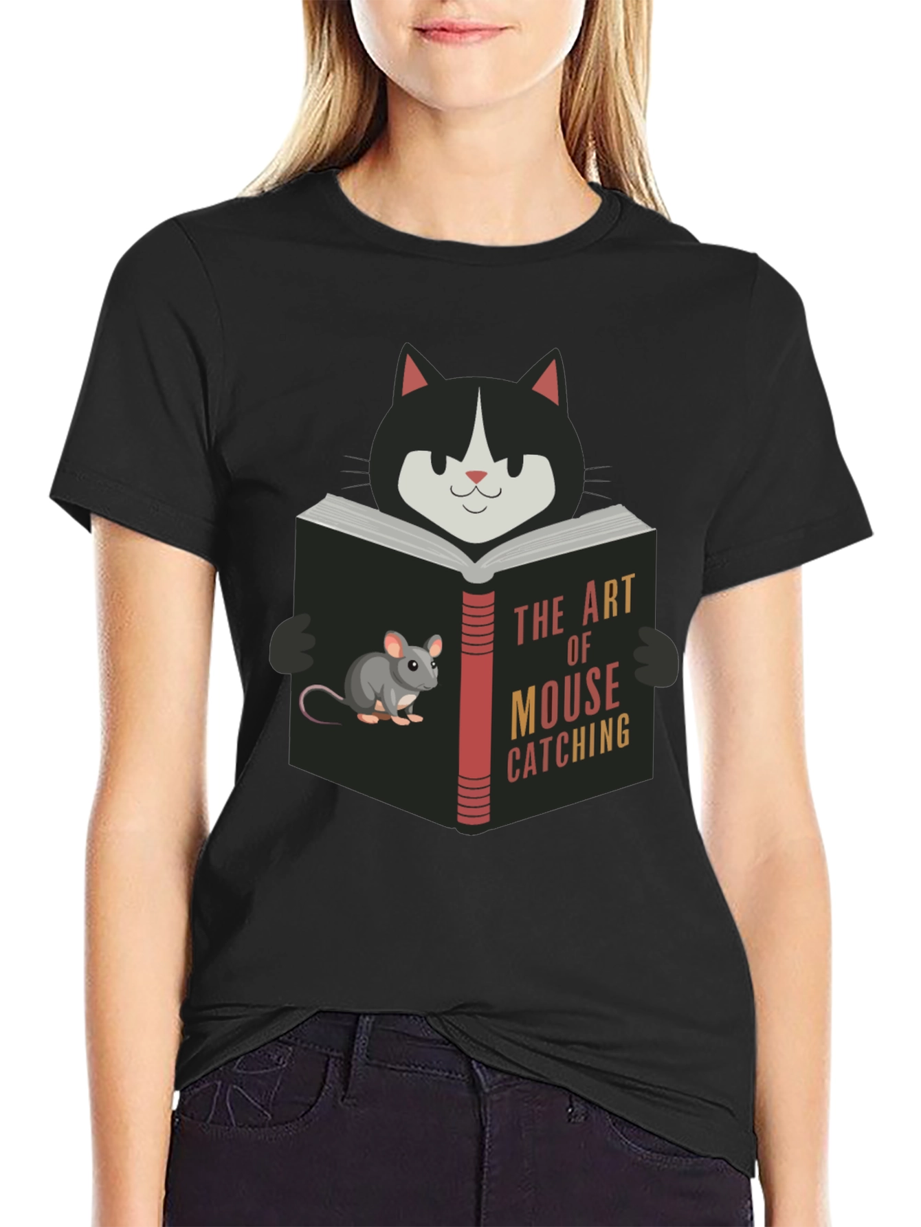 Cat Reading Mouse Catching Book T-Shirt