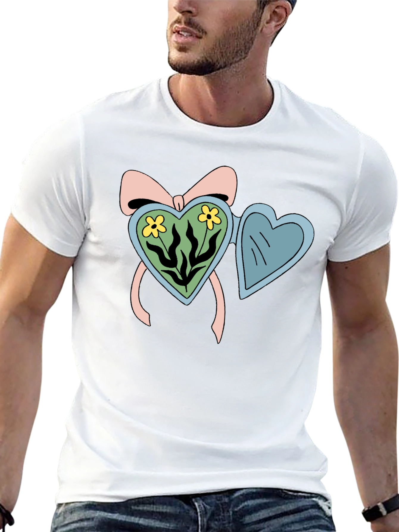 Heart Locket Flower Graphic Black T-Shirt
