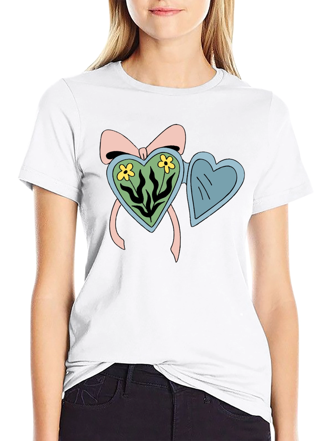 Heart Locket Flower Graphic Black T-Shirt