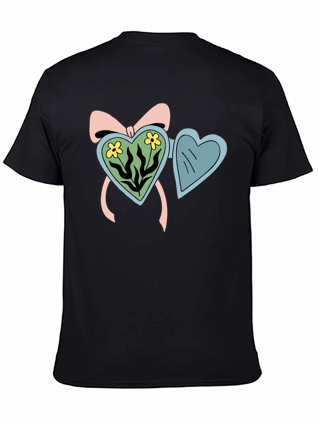 Heart Locket Flower Graphic Black T-Shirt