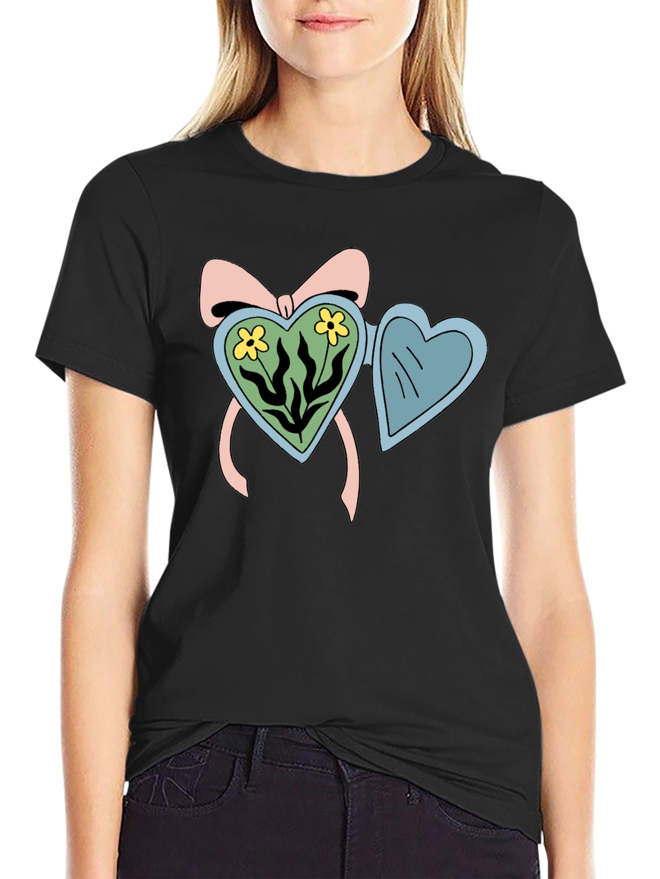 Heart Locket Flower Graphic Black T-Shirt