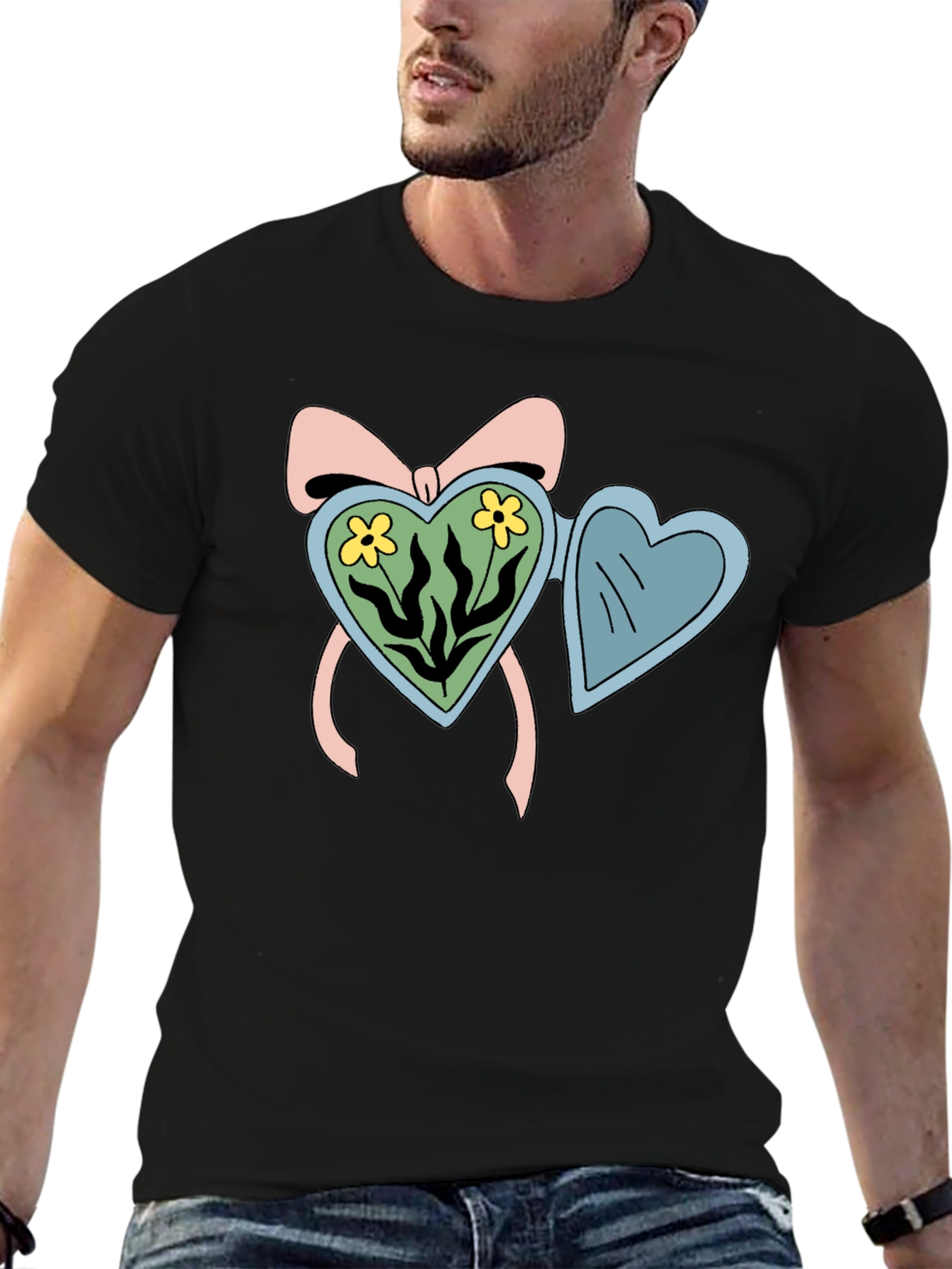 Heart Locket Flower Graphic Black T-Shirt