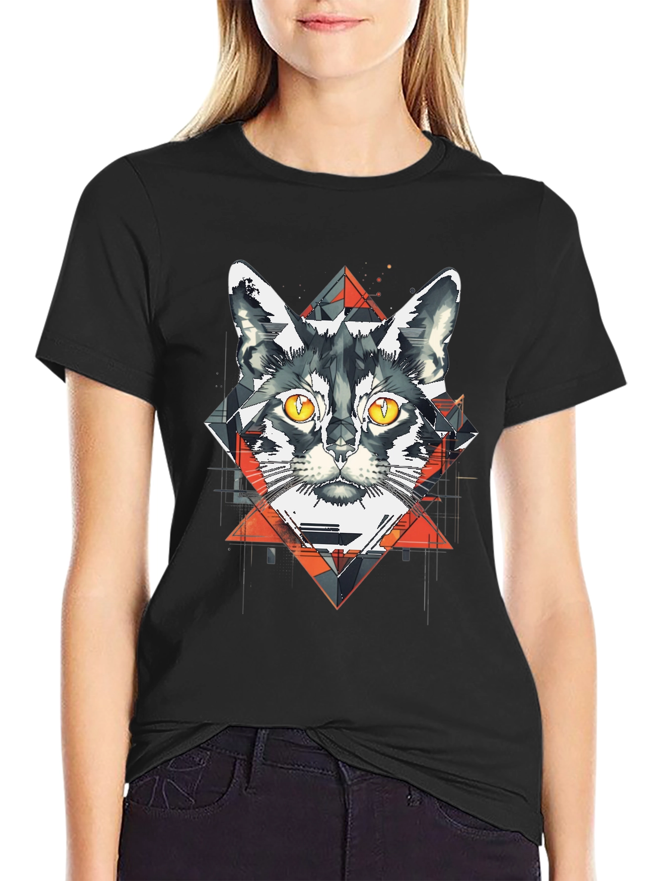 Geometric Cat Graphic Black T-Shirt