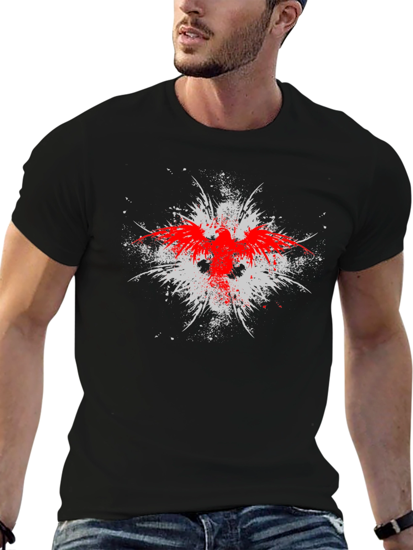 Black T-Shirt with Red & White Graphic Print