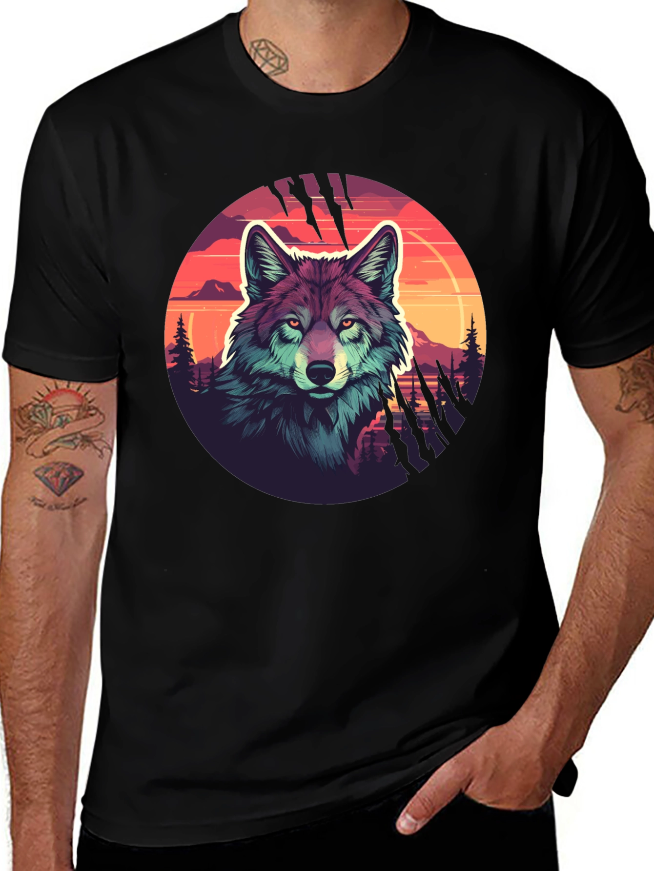 Wolf Graphic Tee - Sunset Design Black T-Shirt