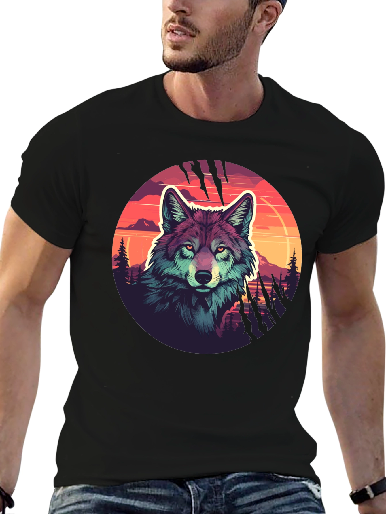 Wolf Graphic Tee - Sunset Design Black T-Shirt