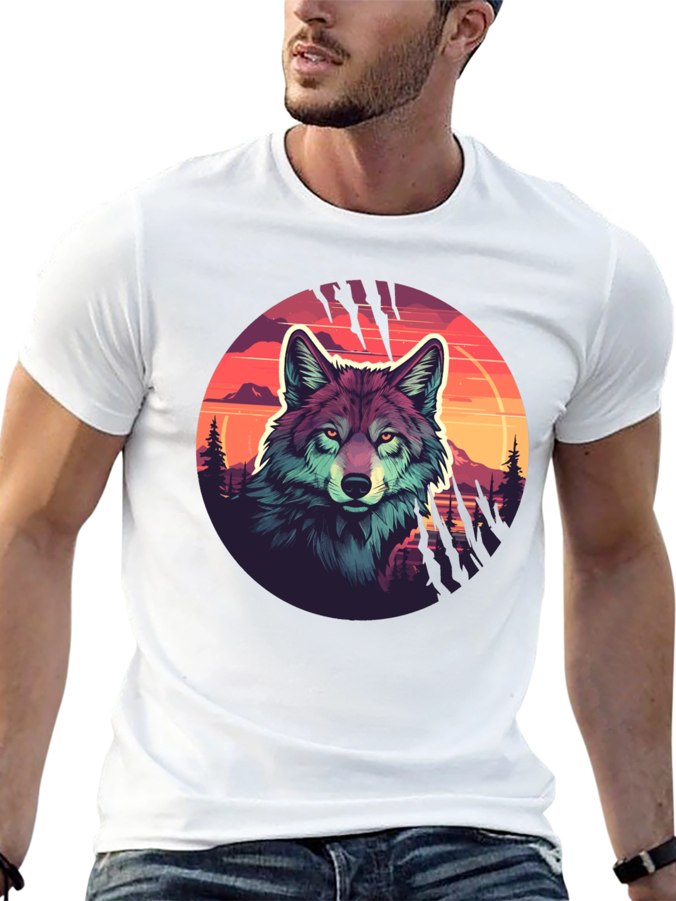Wolf Graphic Tee - Sunset Design Black T-Shirt
