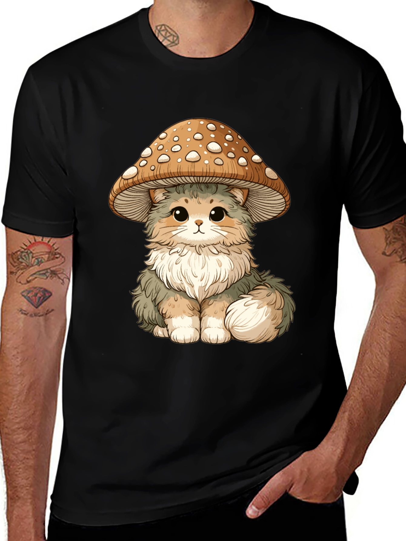 Mushroom Cat T-Shirt - Black Cotton Graphic Tee