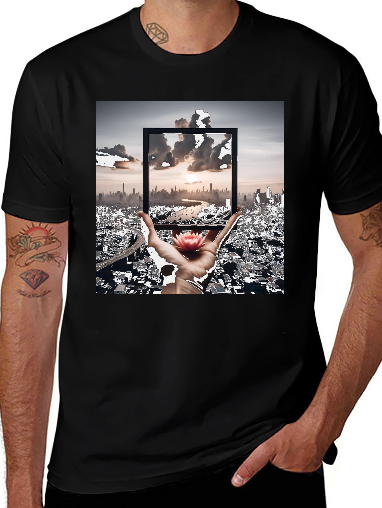Artistic Black T-Shirt: Cityscape & Lotus Design
