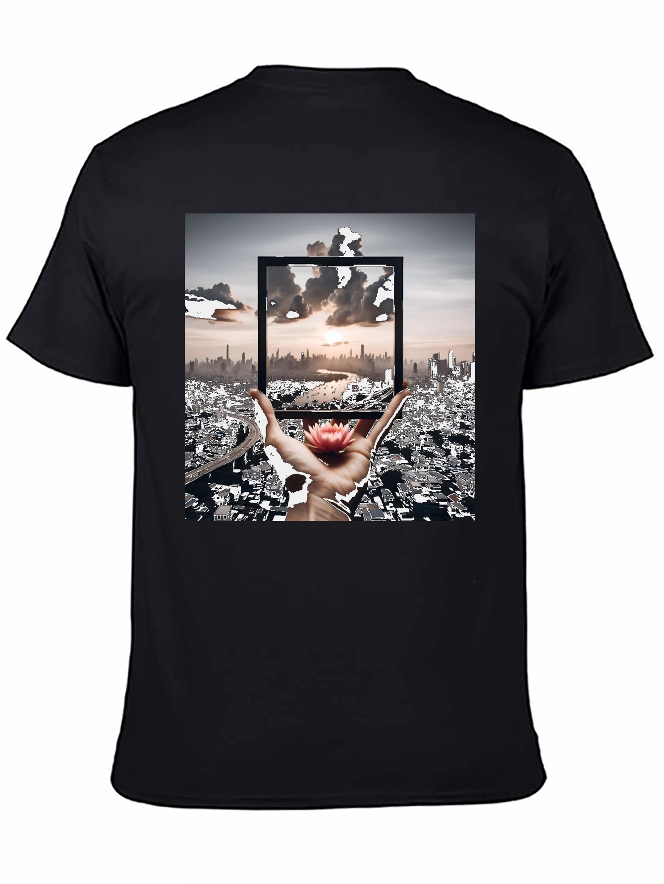 Artistic Black T-Shirt: Cityscape & Lotus Design