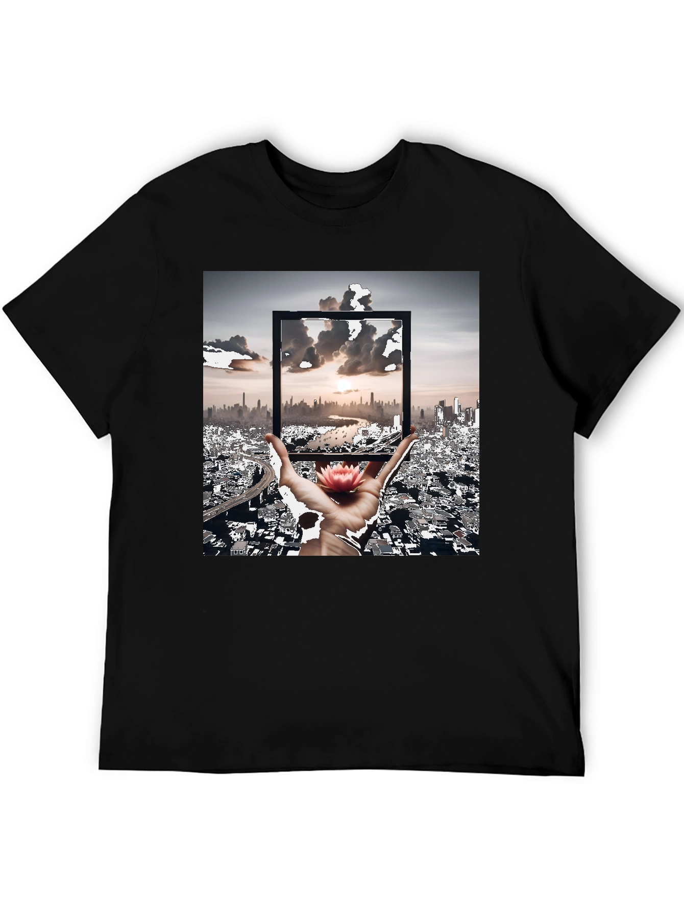 Artistic Black T-Shirt: Cityscape & Lotus Design