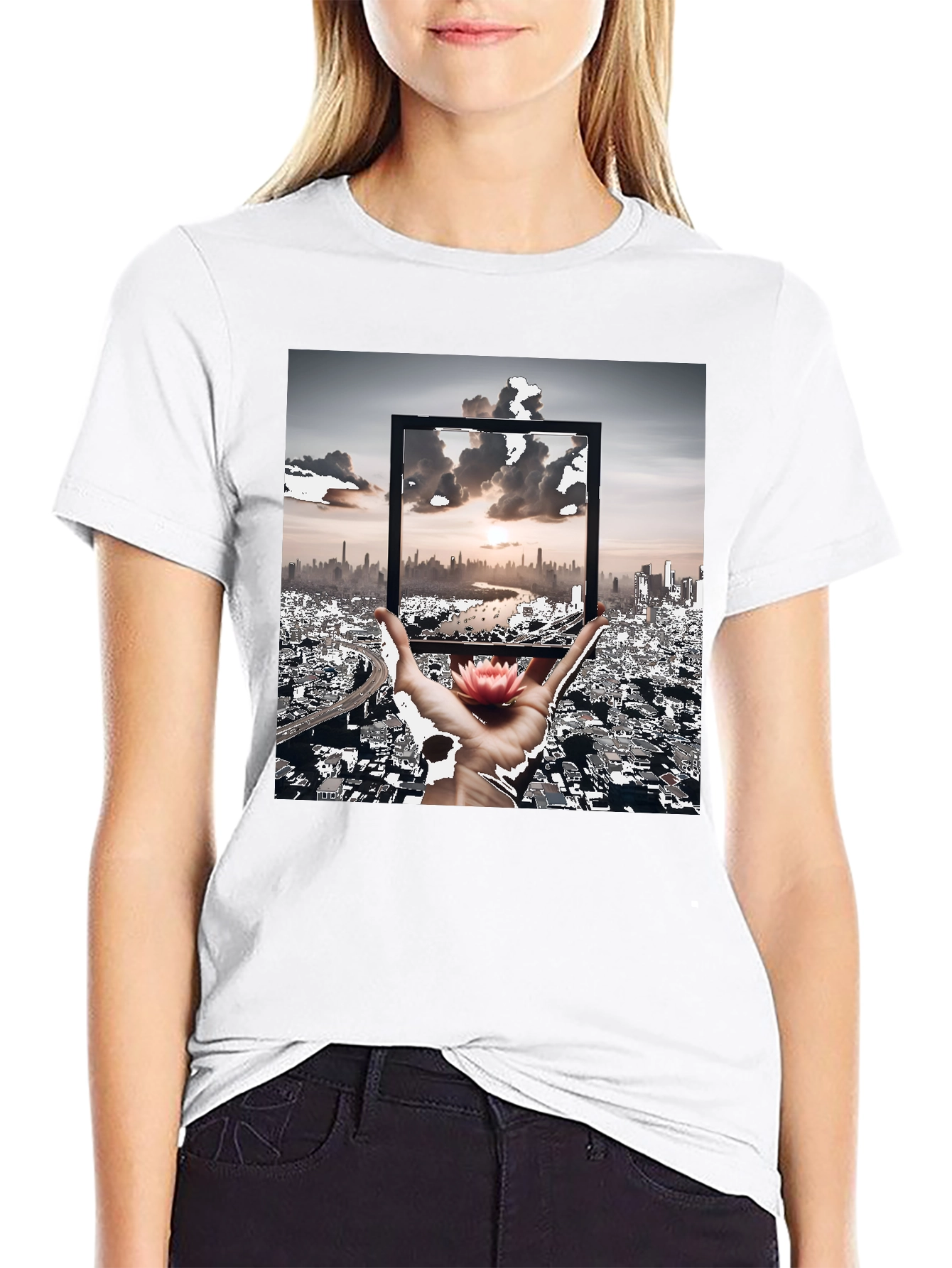 Artistic Black T-Shirt: Cityscape & Lotus Design
