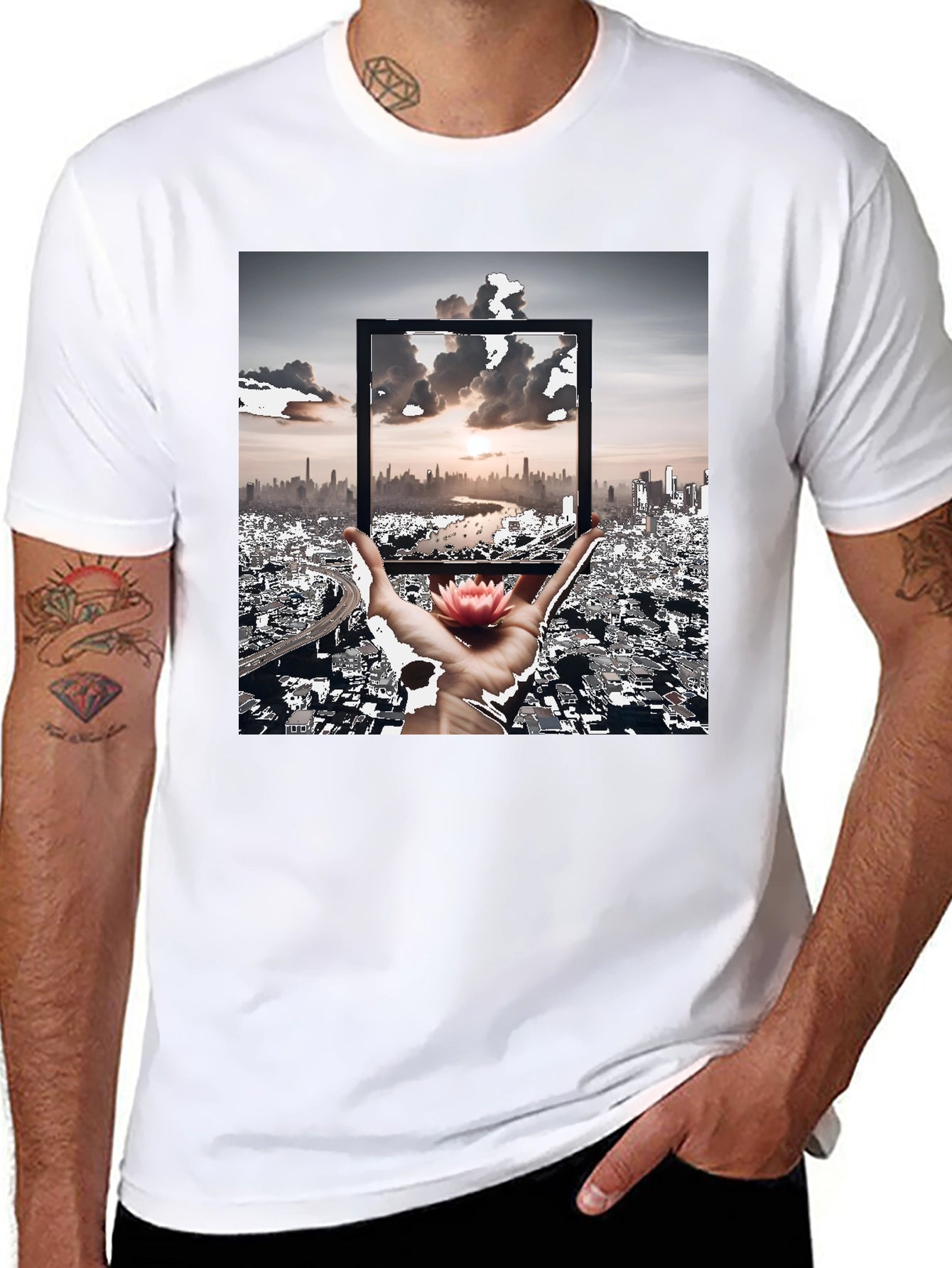 Artistic Black T-Shirt: Cityscape & Lotus Design