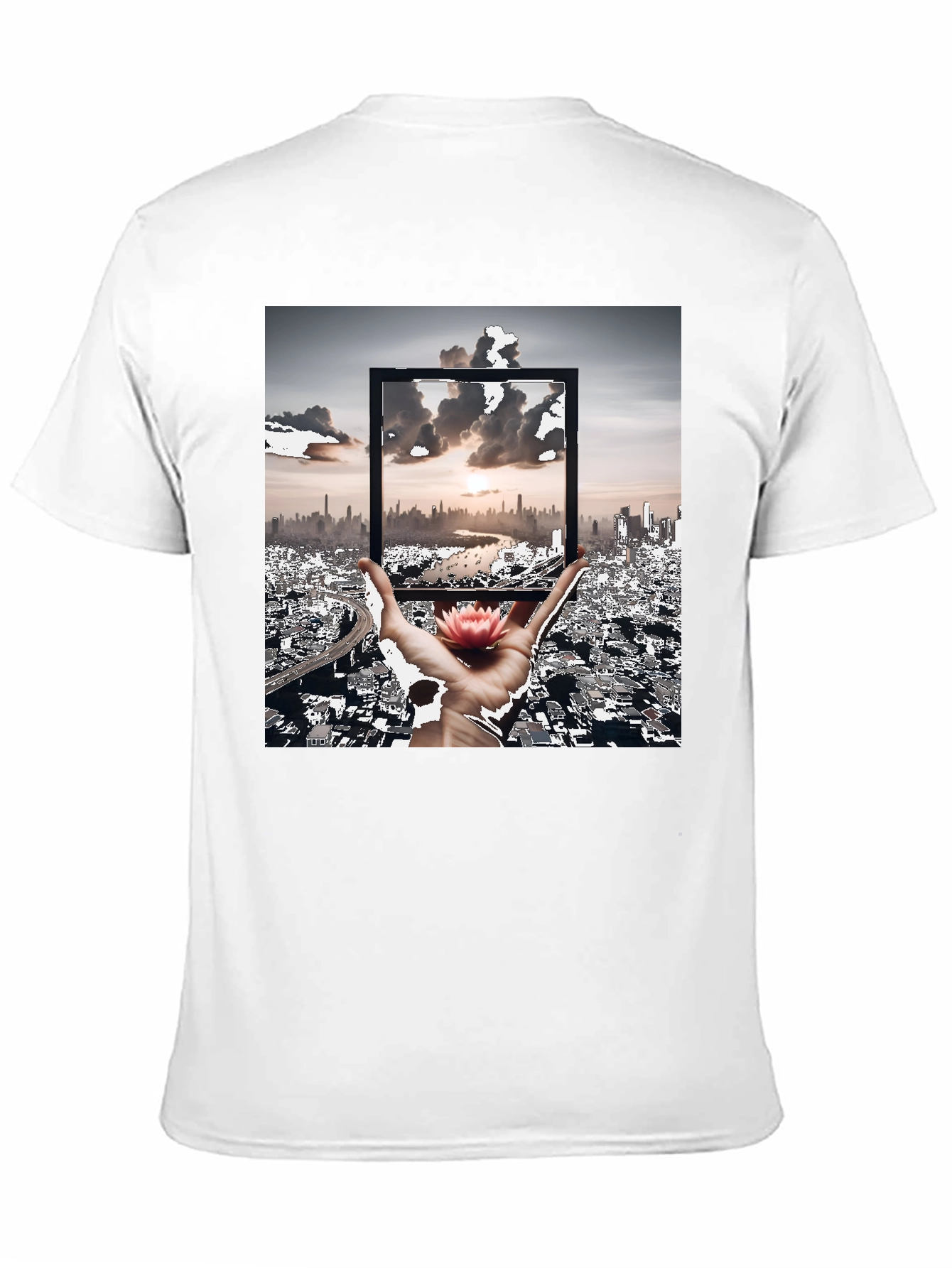 Artistic Black T-Shirt: Cityscape & Lotus Design