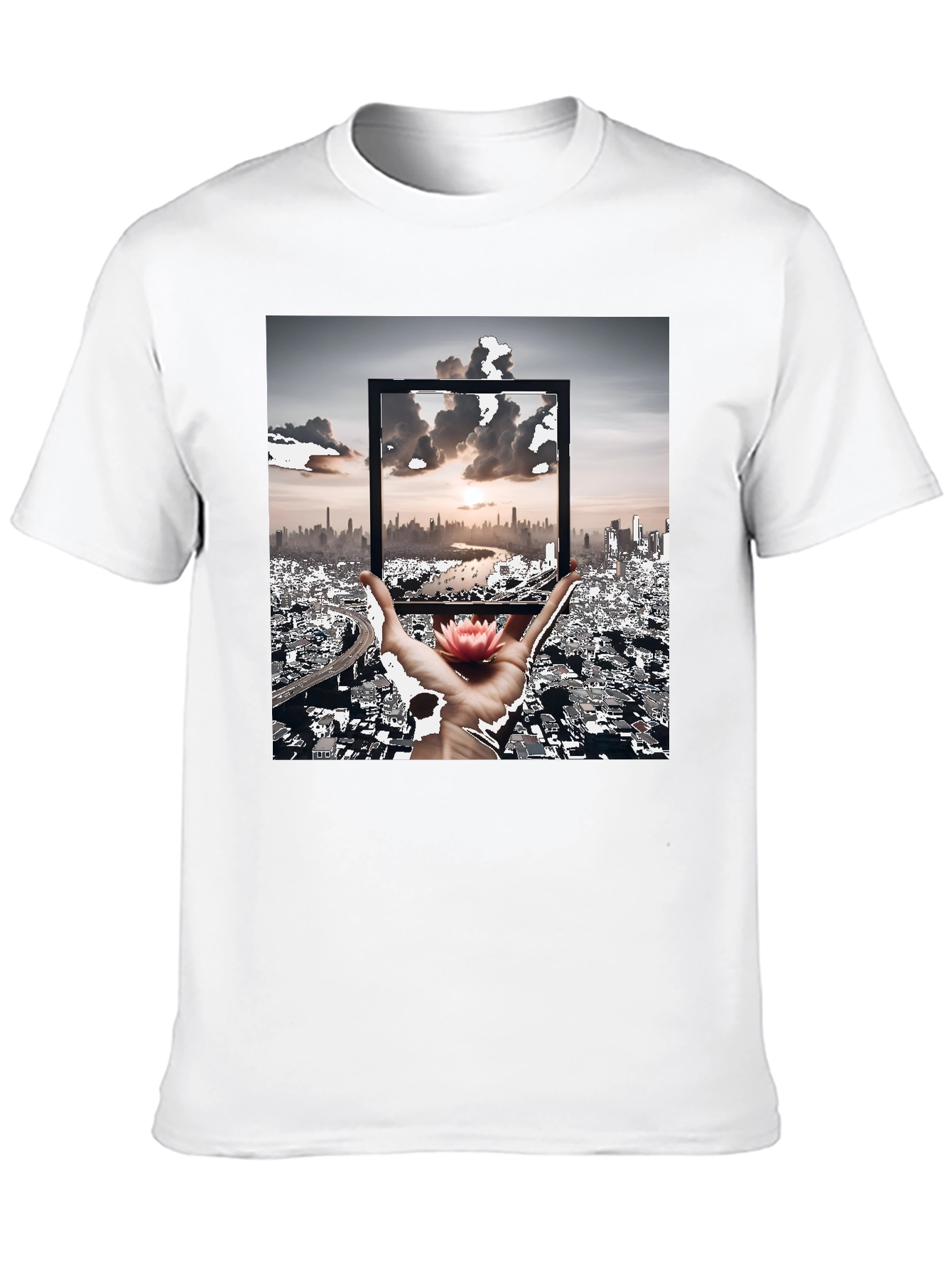 Artistic Black T-Shirt: Cityscape & Lotus Design