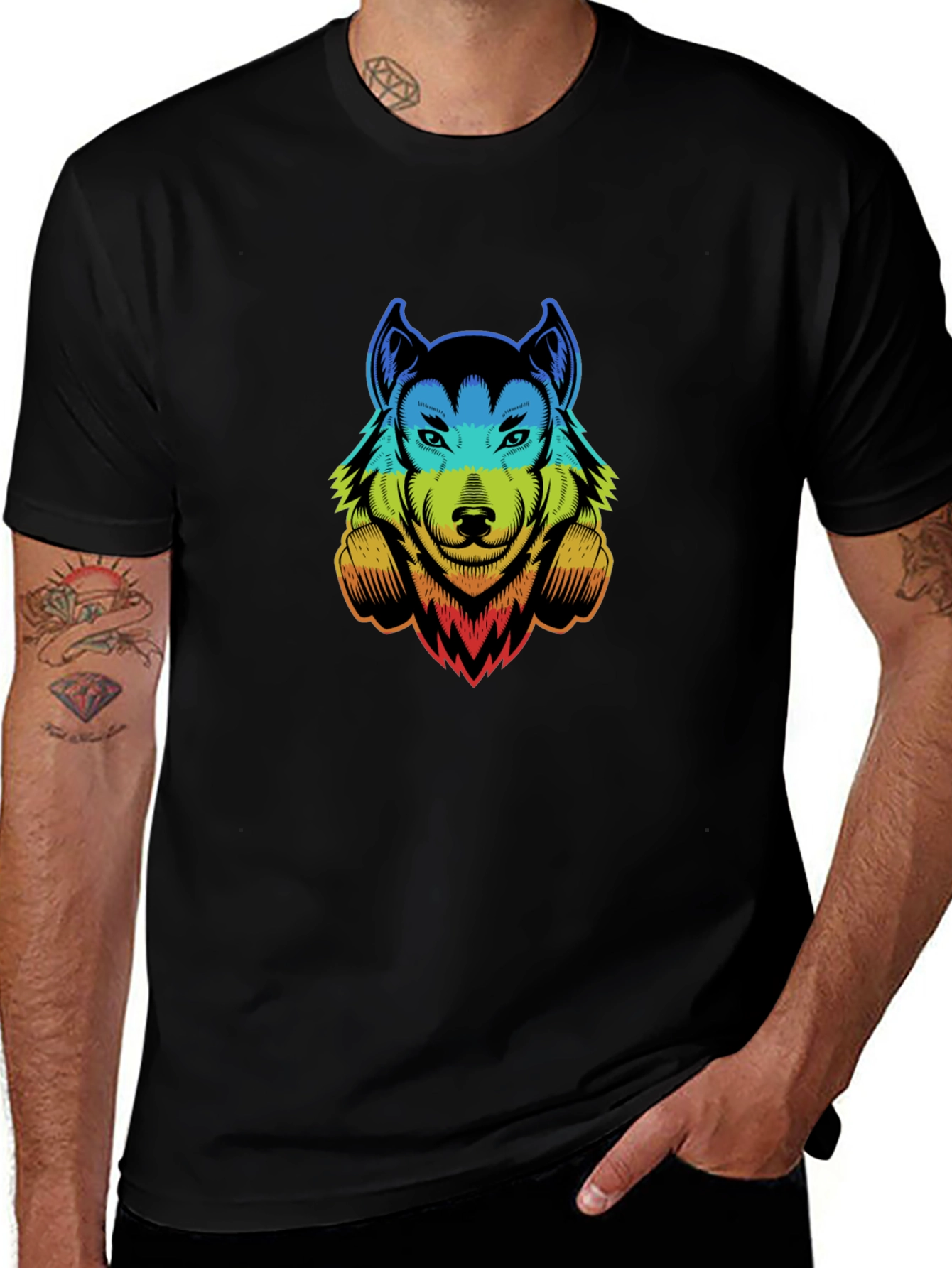Rainbow Wolf Graphic Print Black T-Shirt