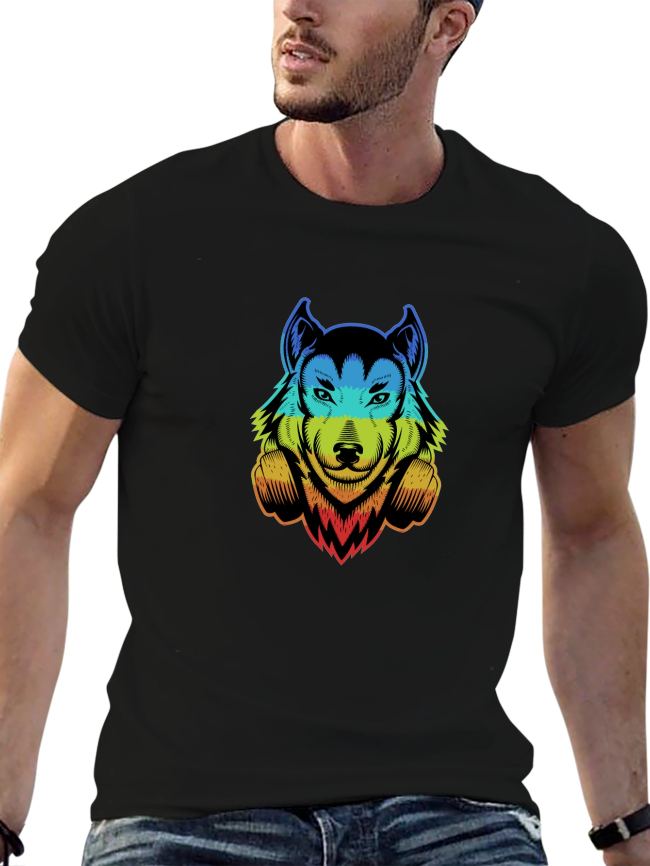Rainbow Wolf Graphic Print Black T-Shirt