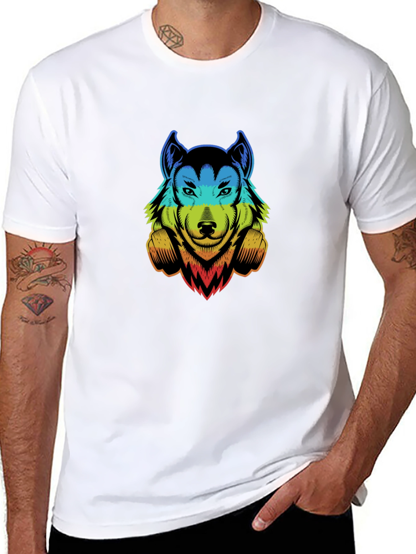 Rainbow Wolf Graphic Print Black T-Shirt