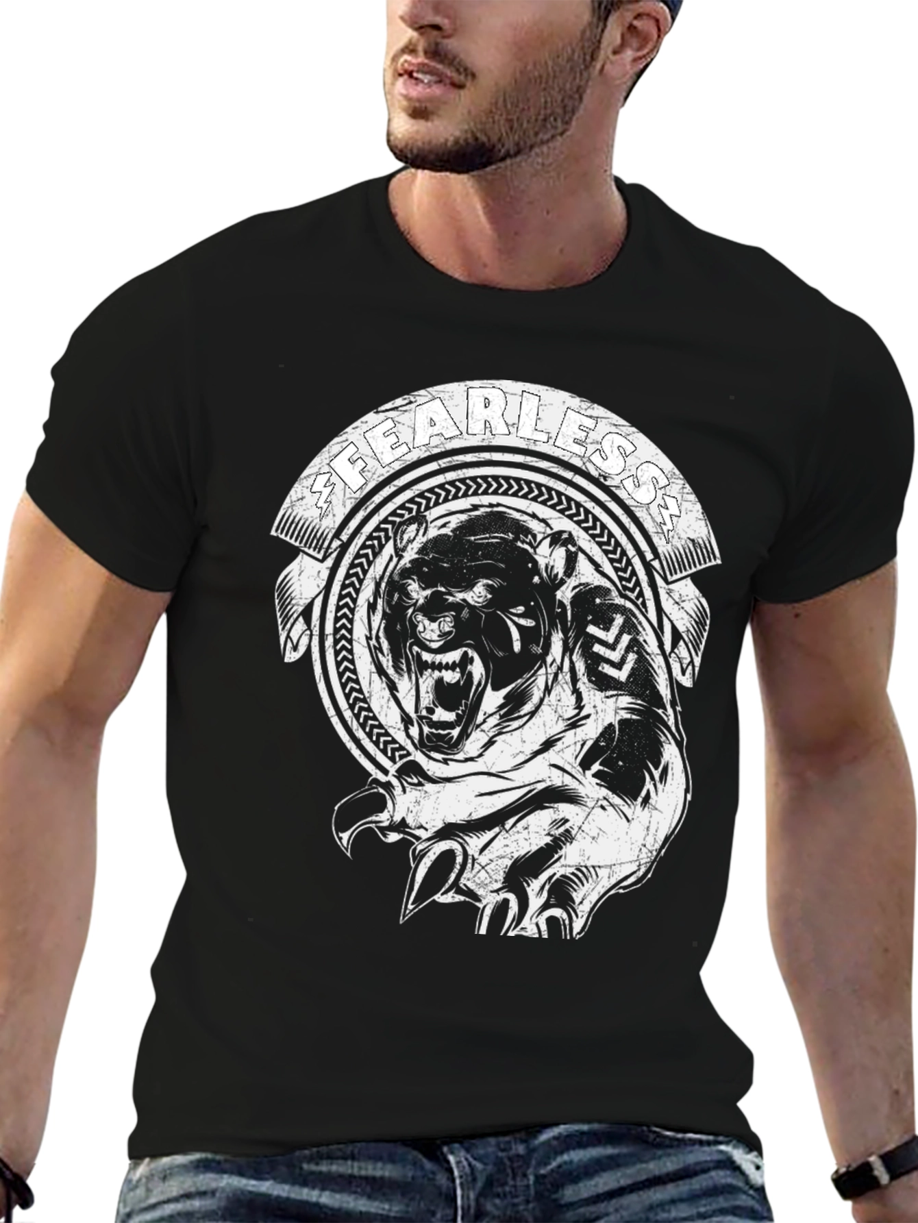 Fearless Bear Graphic Tee - Black Cotton T-Shirt