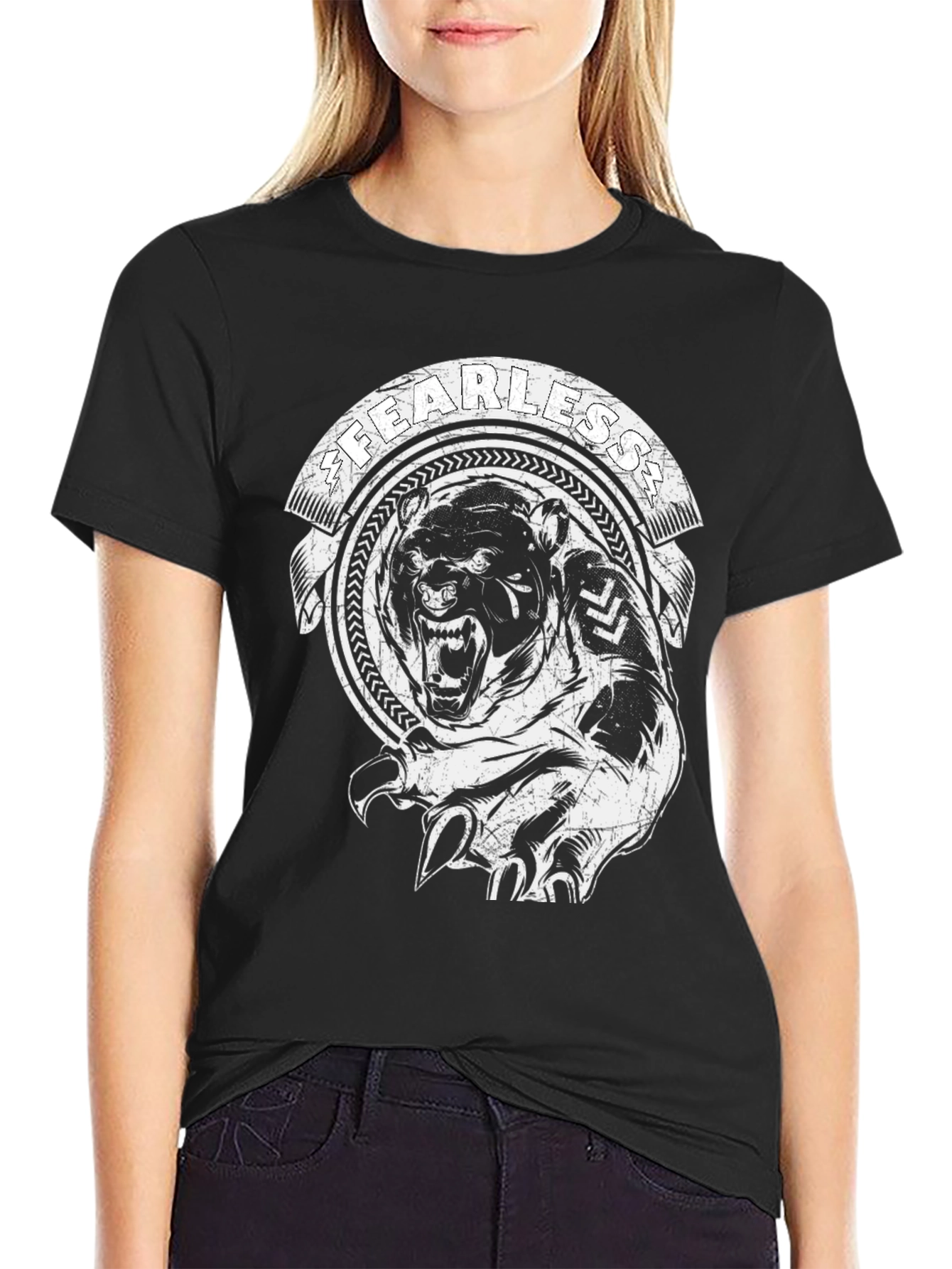 Fearless Bear Graphic Tee - Black Cotton T-Shirt