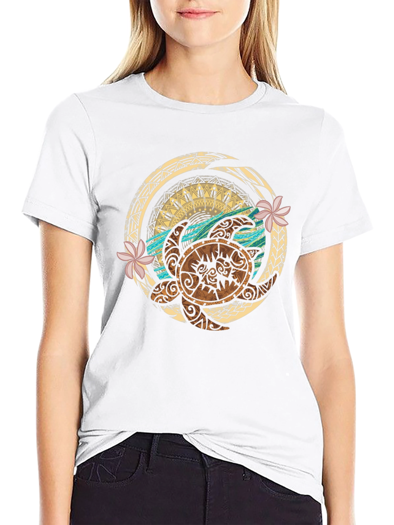 Tribal Turtle Design Black T-Shirt