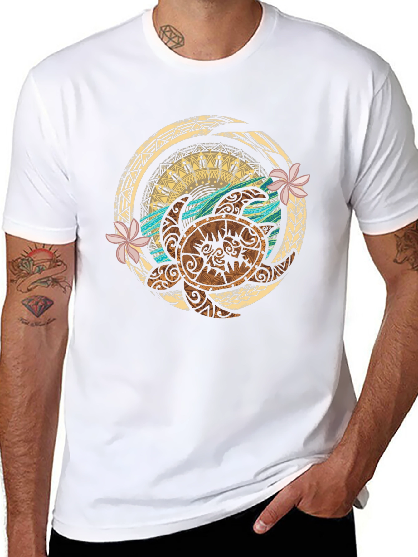 Tribal Turtle Design Black T-Shirt