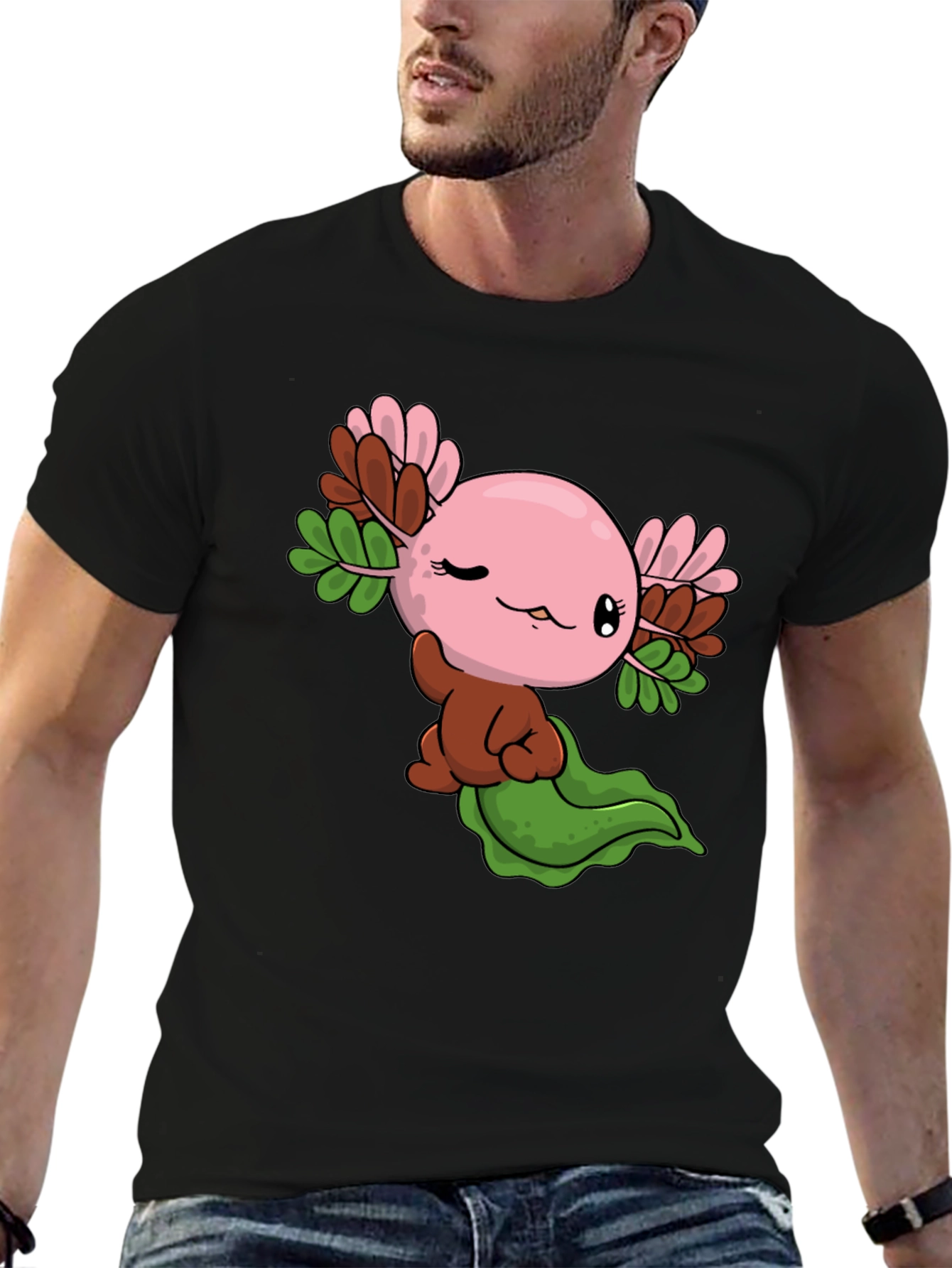 Cute Axolotl Cartoon Black T-Shirt