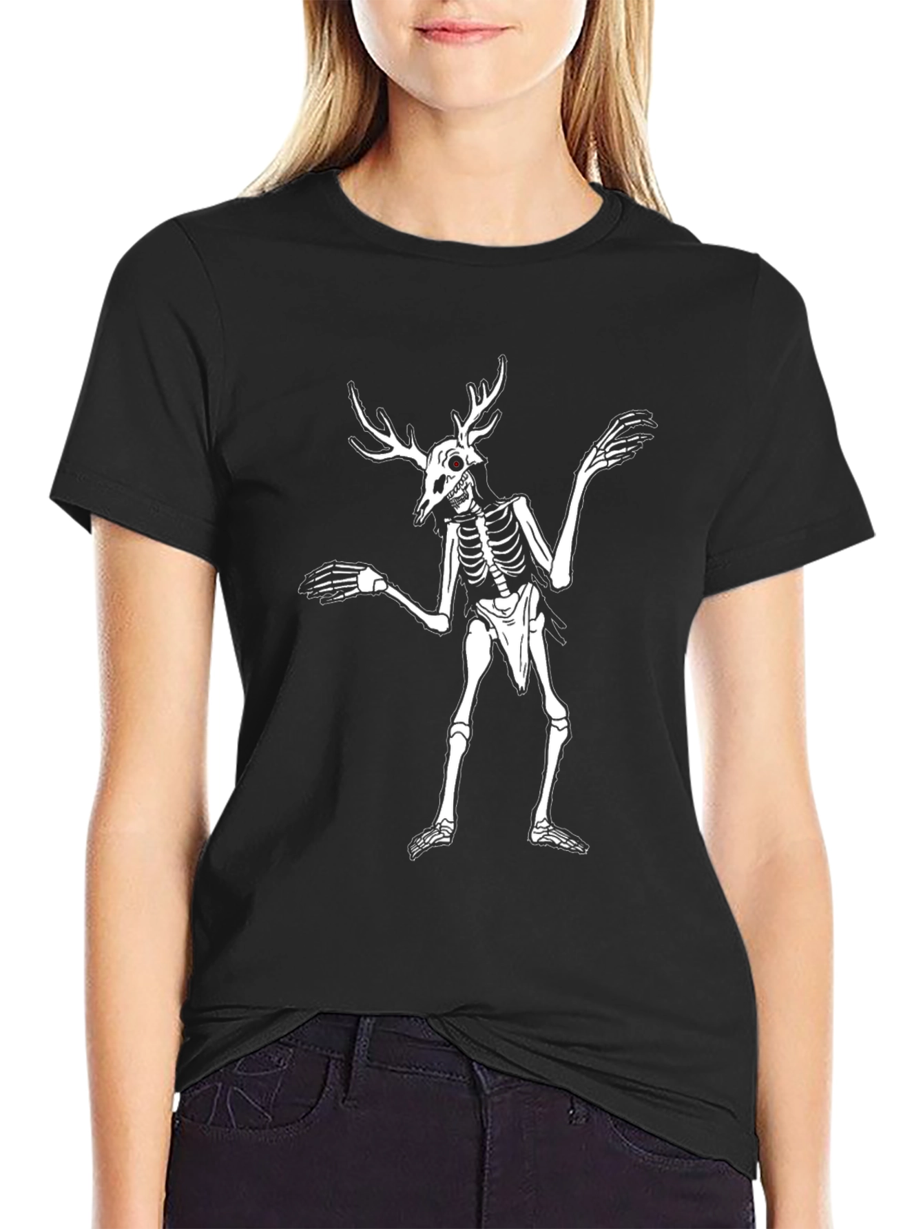 Skeleton Deer Antler Graphic T-Shirt - Black