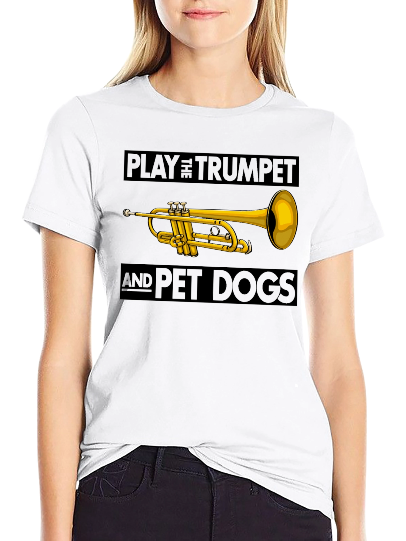 Play Trumpet and Pet Dogs Black T-Shirt