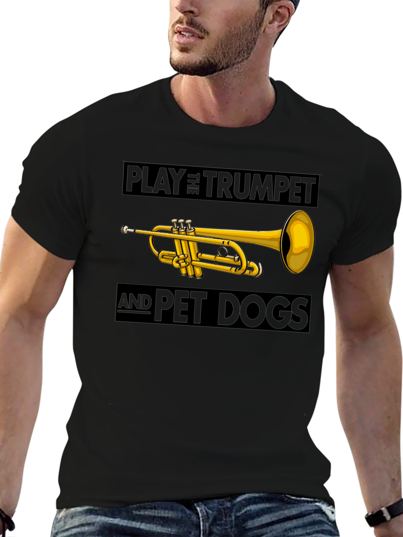 Play Trumpet and Pet Dogs Black T-Shirt
