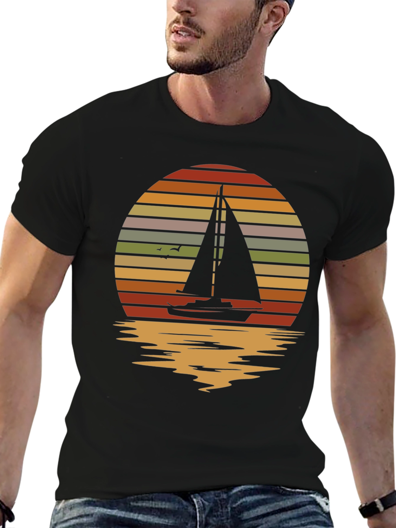 Sailboat Sunset Graphic Tee - Retro Style Black T-Shirt
