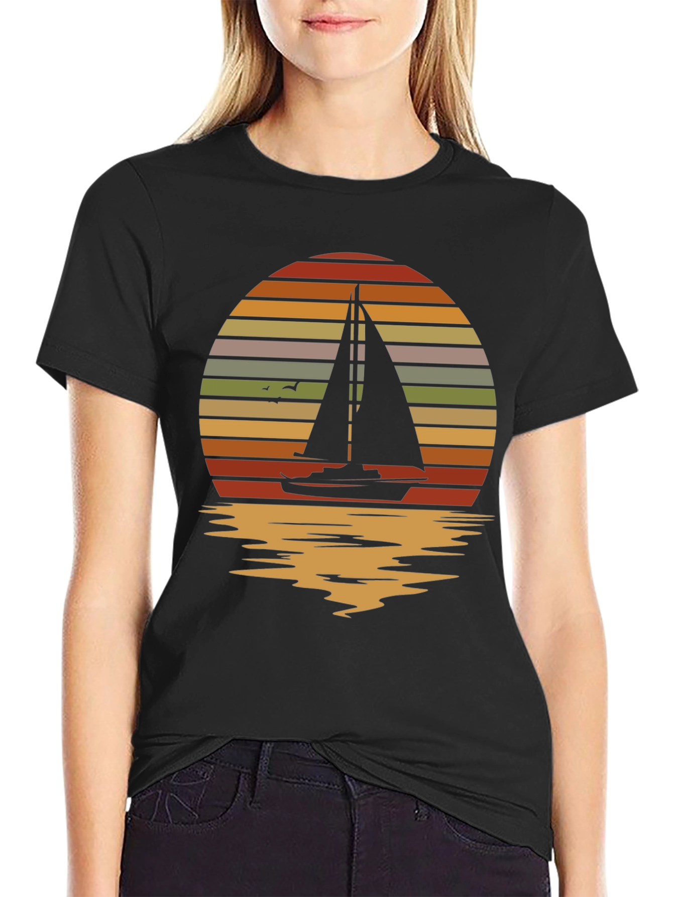 Sailboat Sunset Graphic Tee - Retro Style Black T-Shirt
