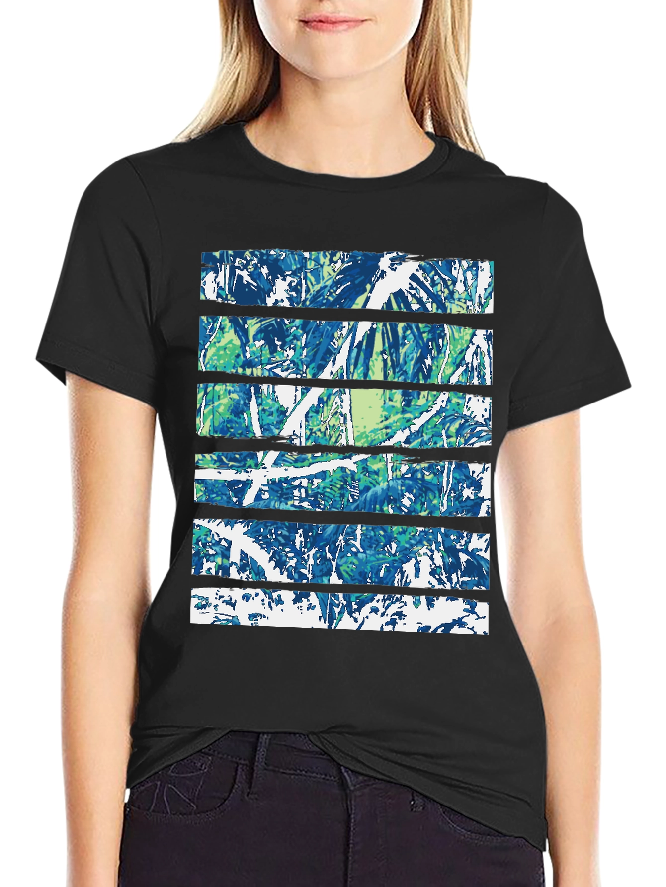 Abstract Nature Print Black Crew Neck Tee