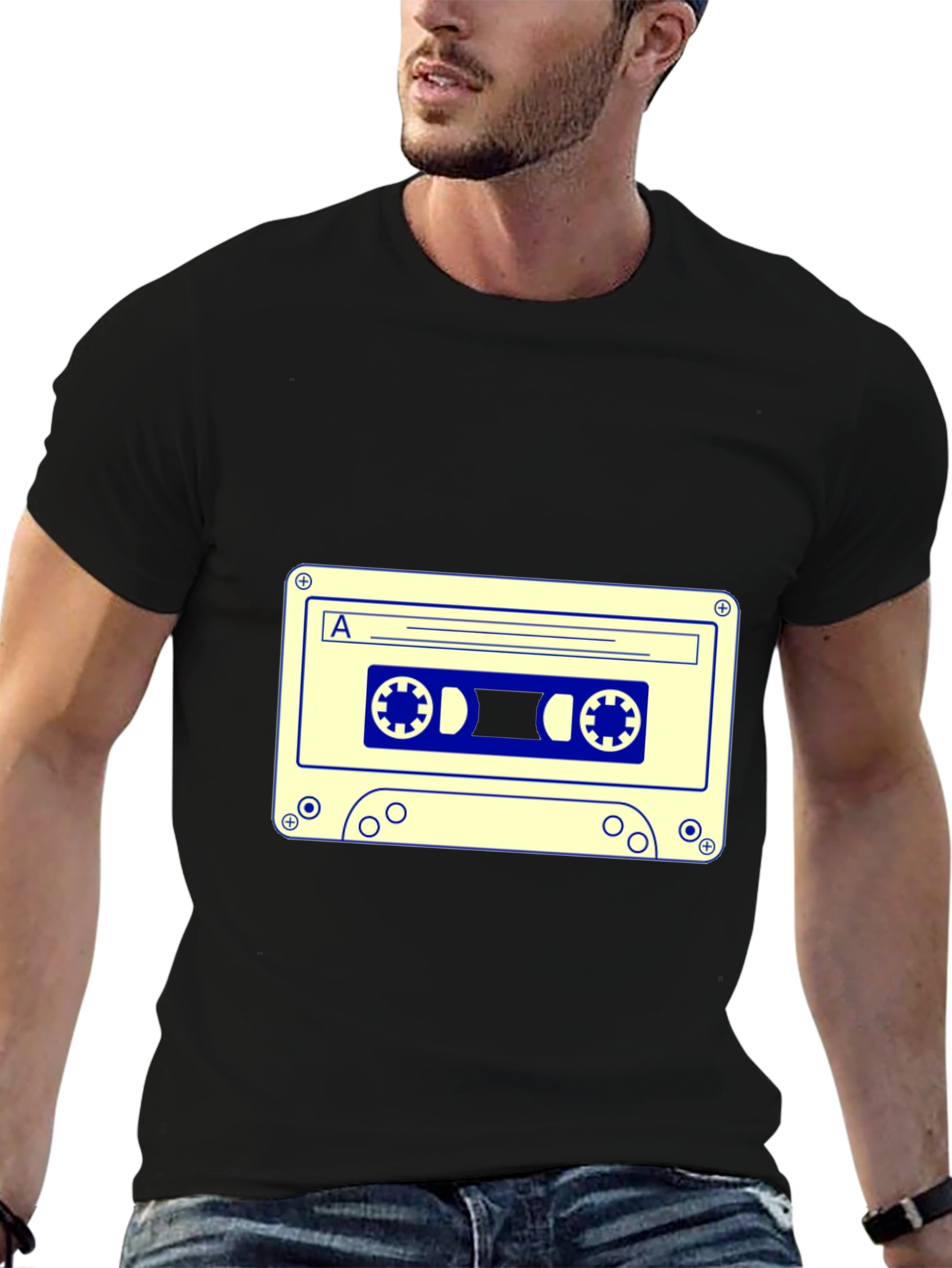 Retro Cassette Tape Graphic Tee - Black Cotton Blend