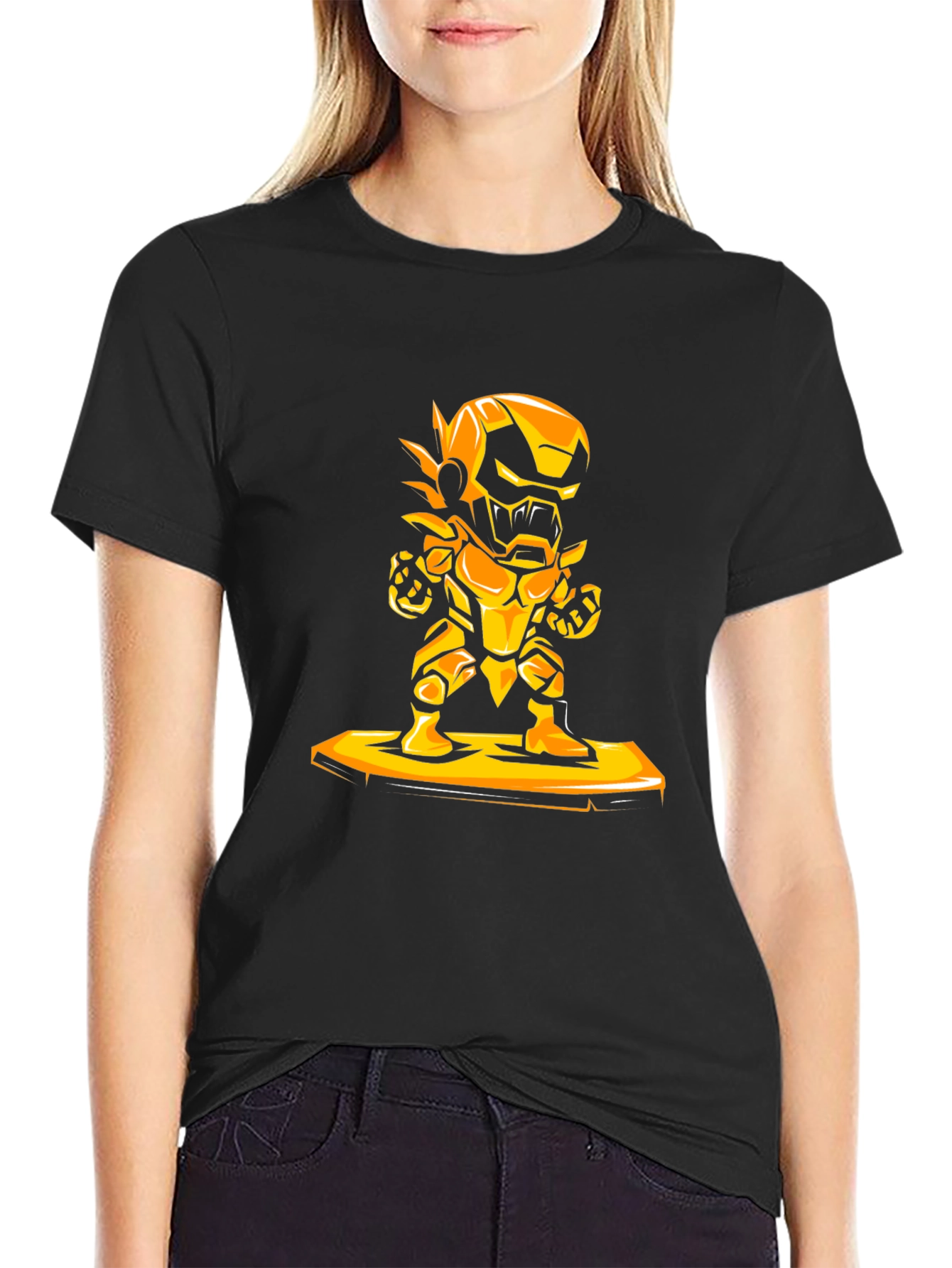 Heroic Gold Robot Graphic Black T-Shirt