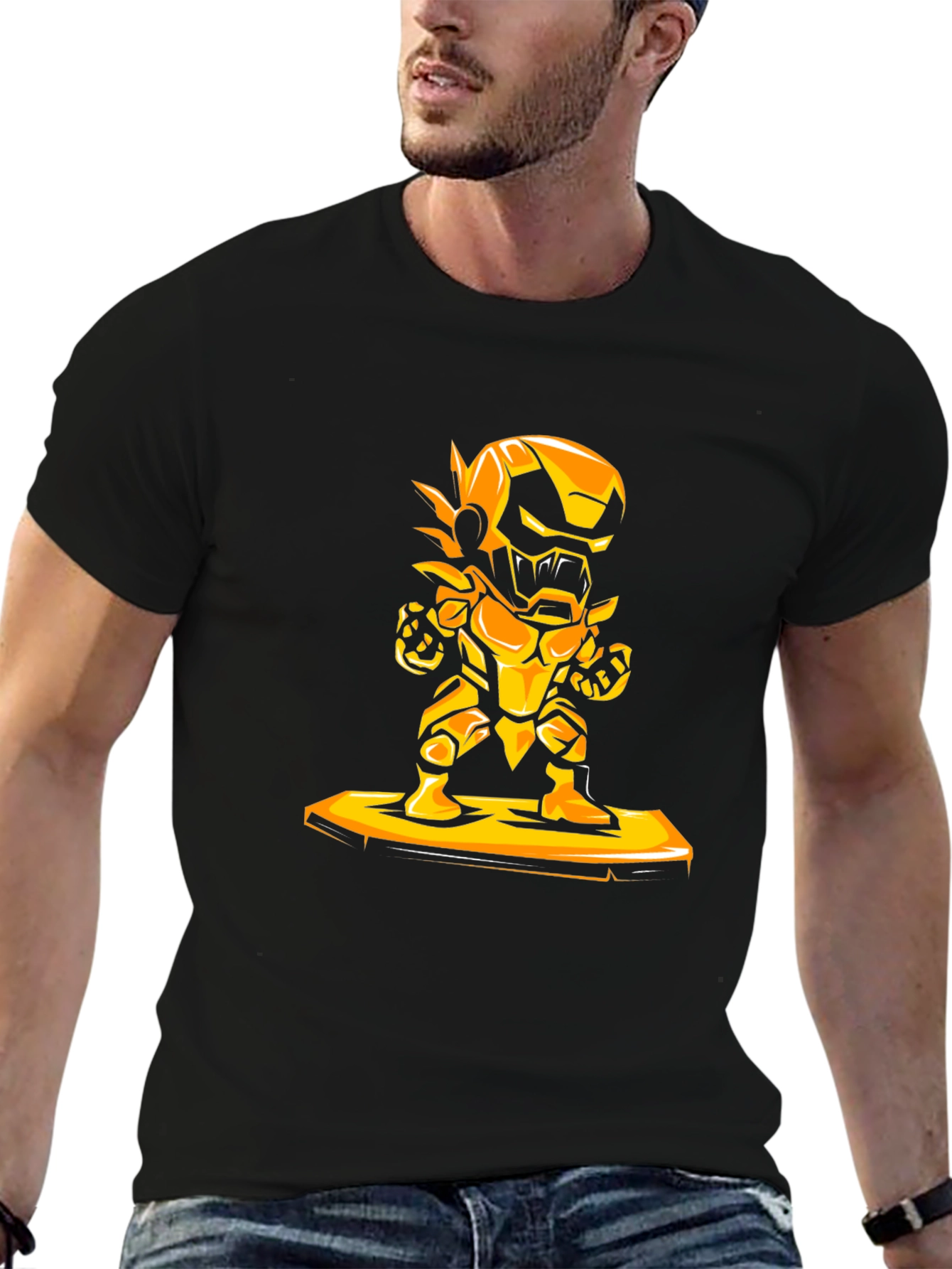 Heroic Gold Robot Graphic Black T-Shirt