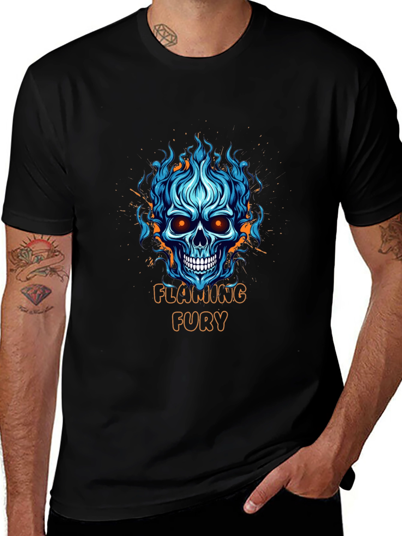Flaming Fury Skull Graphic Black T-Shirt