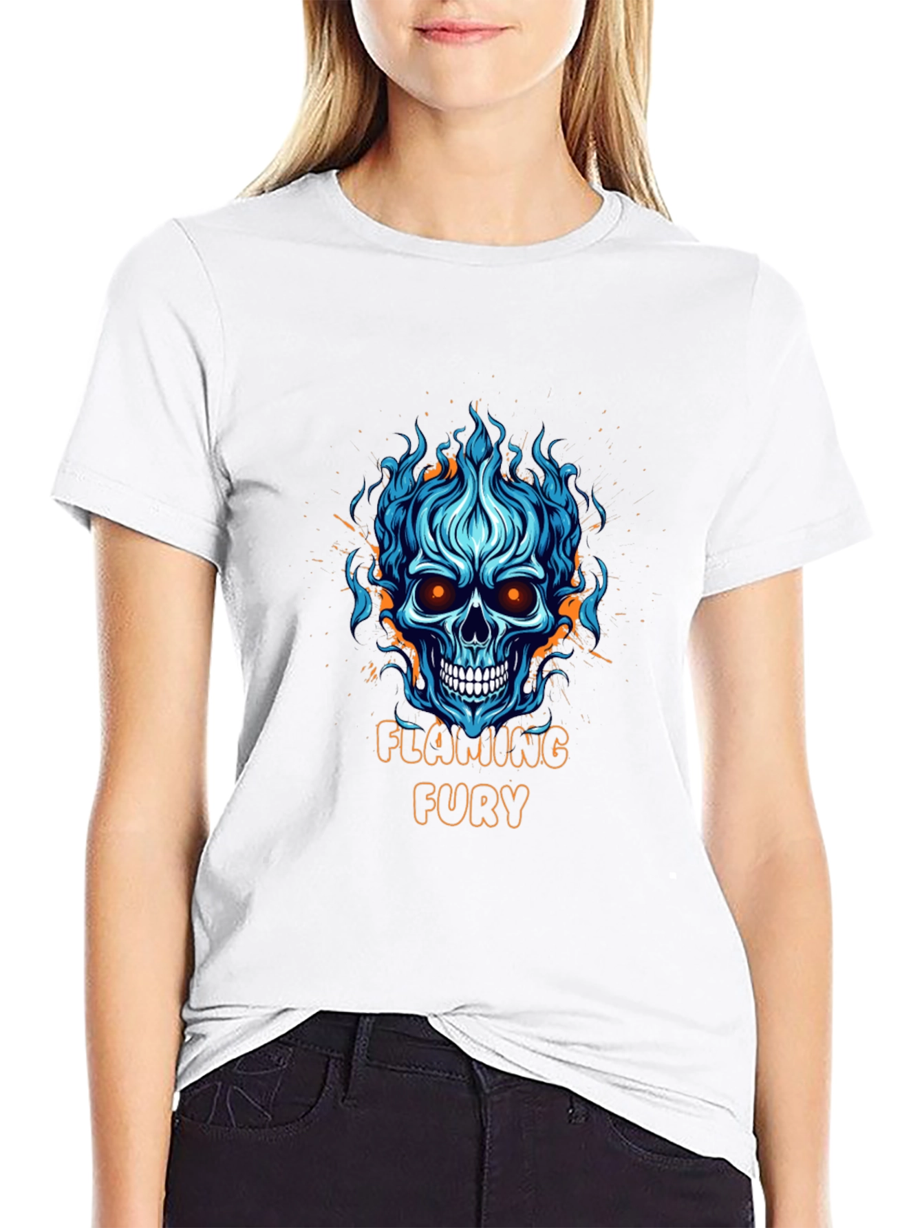 Flaming Fury Skull Graphic Black T-Shirt