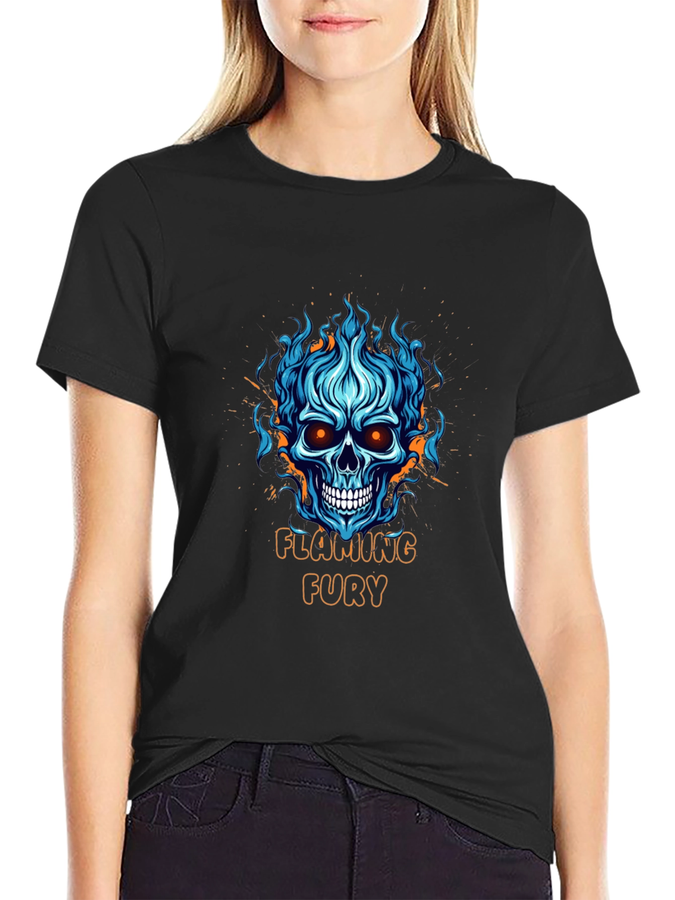 Flaming Fury Skull Graphic Black T-Shirt