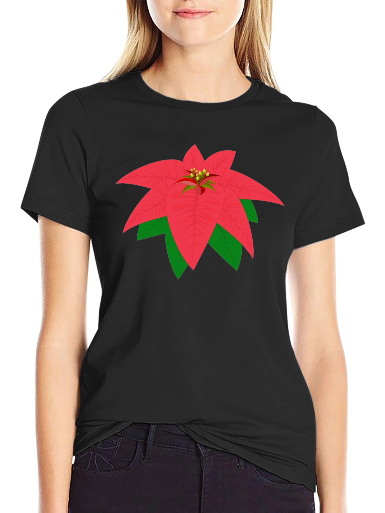 Poinsettia Graphic Tee - Black Cotton Blend