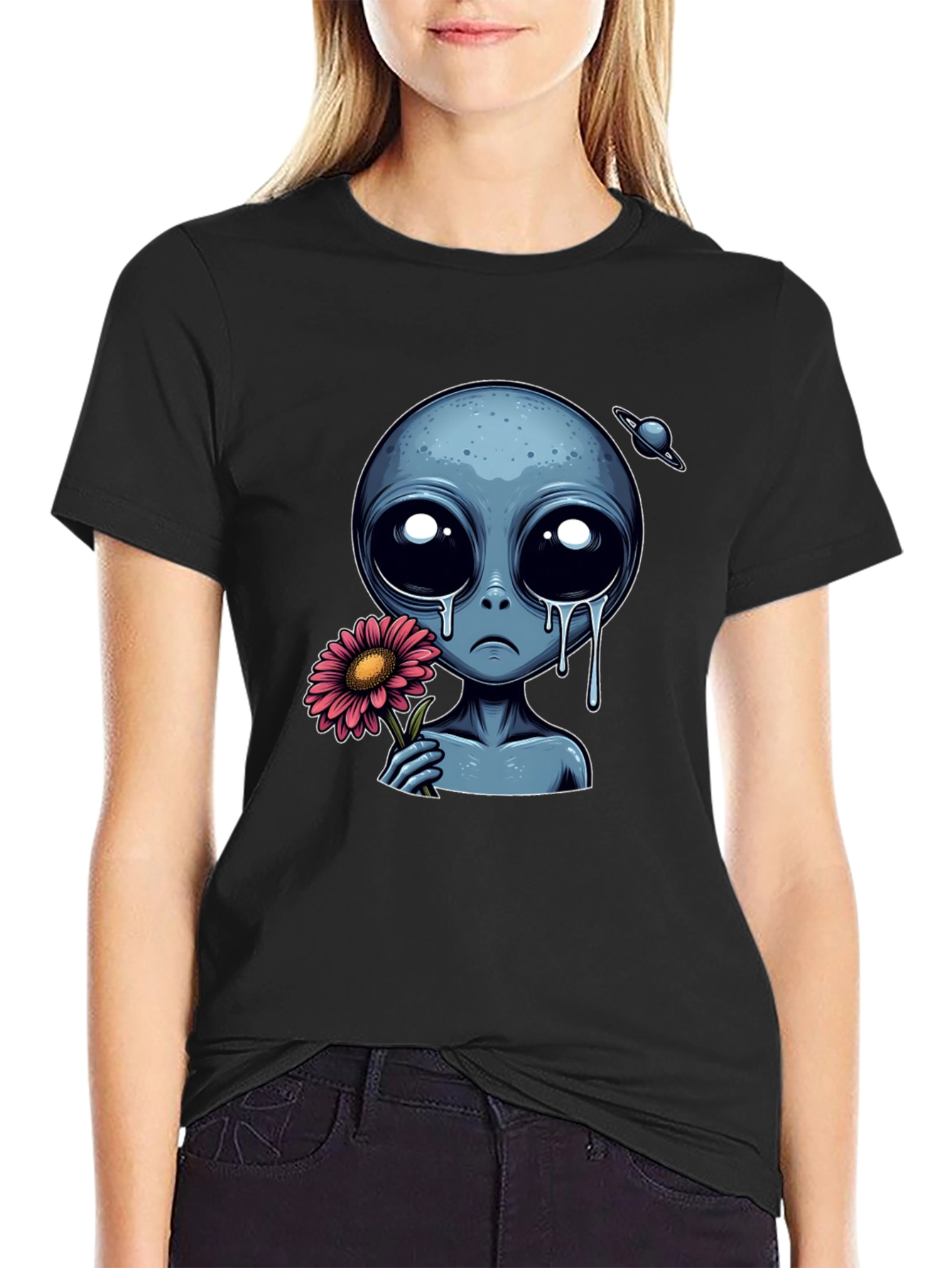 Sad Alien Flower Graphic T-Shirt