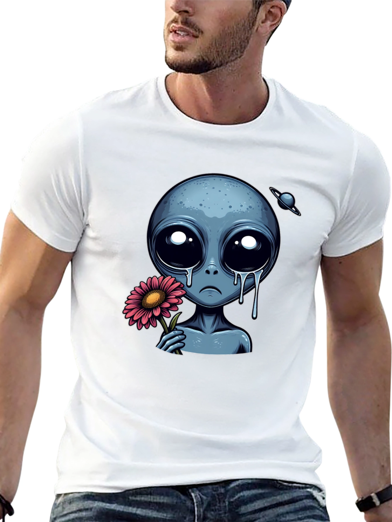 Sad Alien Flower Graphic T-Shirt