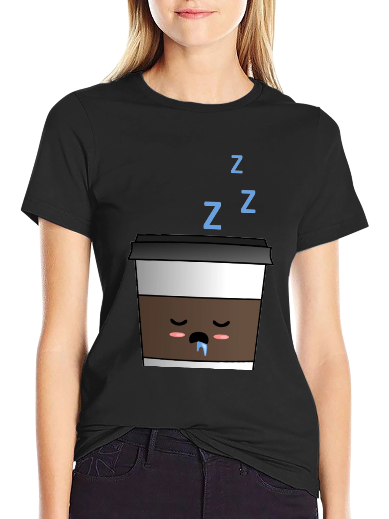 Sleeping Coffee Cup T-Shirt - Black Cute Kawaii Style