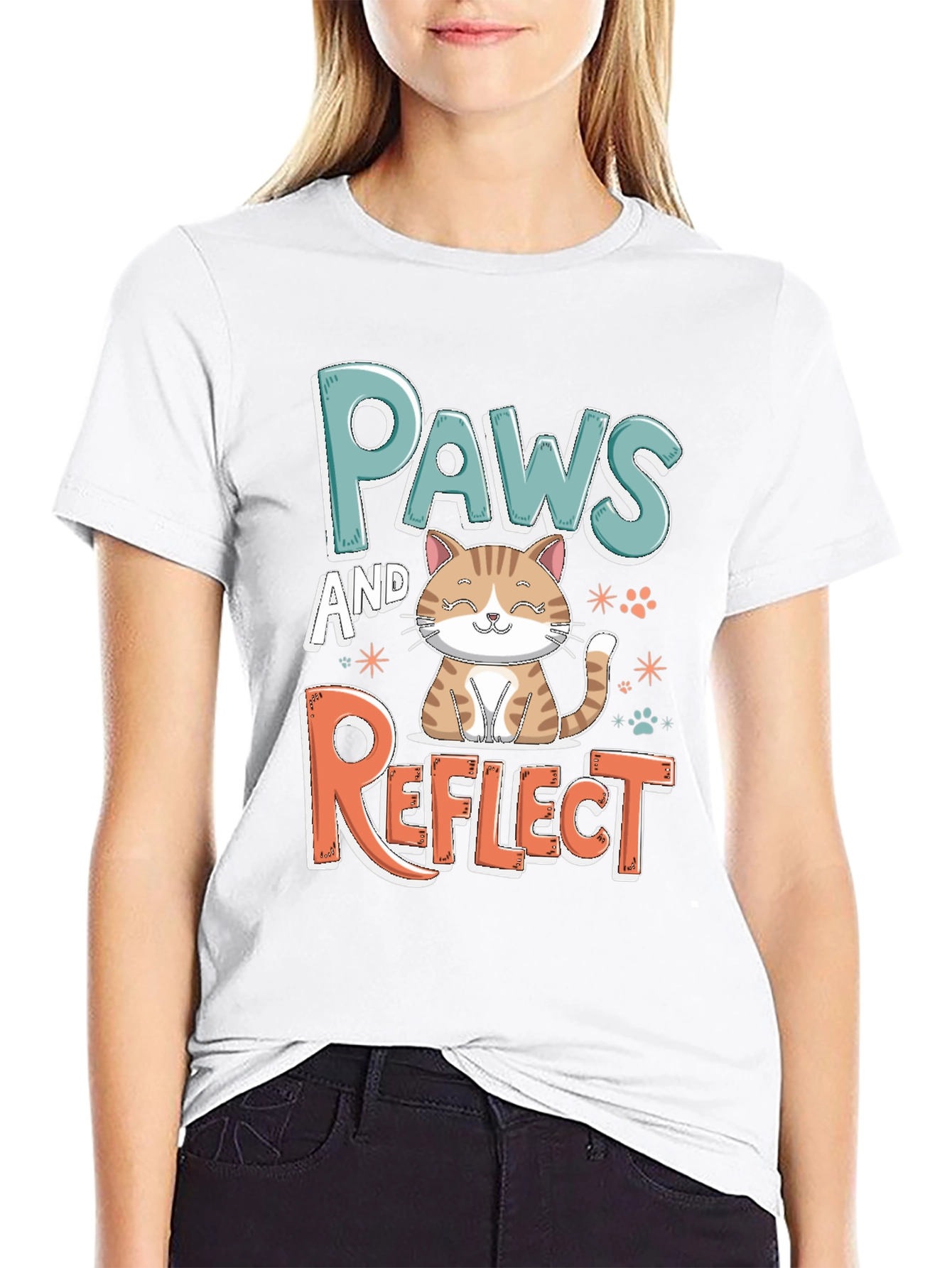 Paws and Reflect Cat Graphic Black T-Shirt